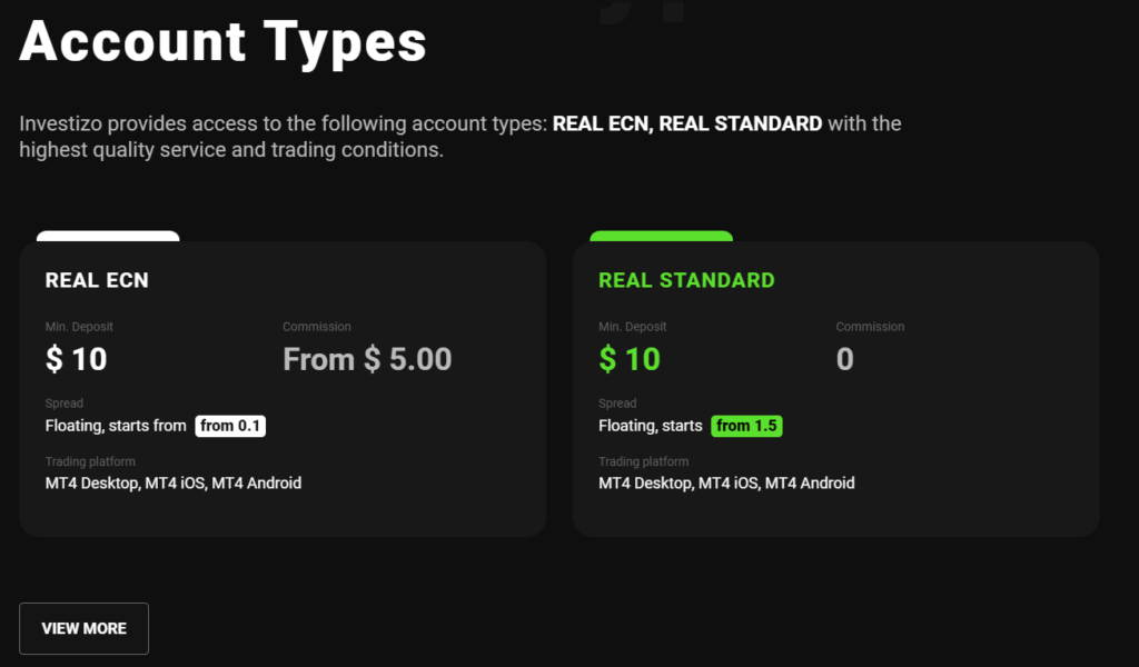 Investizo offers two account types - real ECN a real STANDARD.