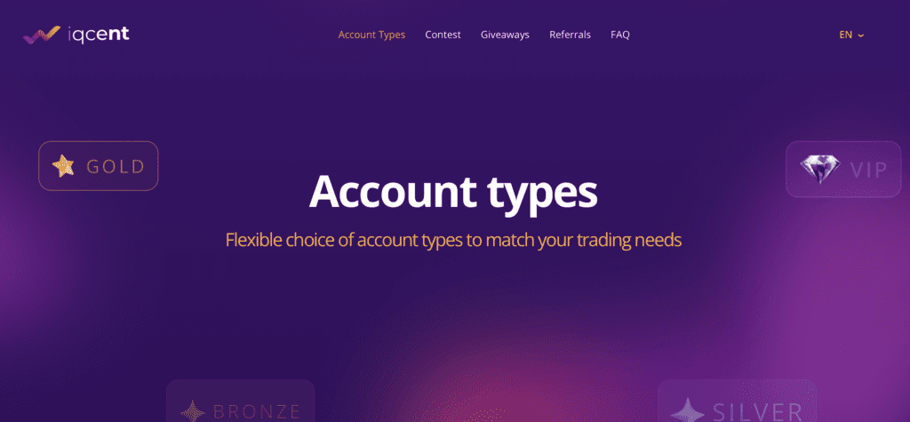 IQCent review account types on the website